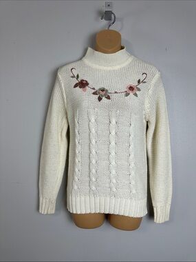 Vintage Country Craft Grannycore Cream Floral Cable Knit Sweater